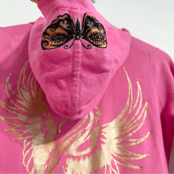 Ed Hardy Hooded tunic top pink tattoo Phoenix jersey knit 3/4 sleeves - Picture 10 of 17